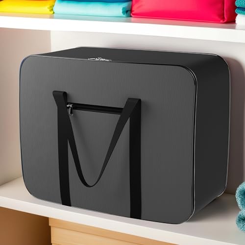 Image of Kuber Industries Storage Bag | Clothes Storage Bag | Rexine Underbed Storage Bag | Wardrobe Organizer for Blanket-Comforters | Foldable Attachi Bag with Handle | Black Patti | Large | Grey