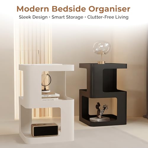 Image of HomeEssentials Modern Bedside Table with Storage Shelves, Nightstand for Bedroom, Side Table for Living Room, Sofa End Table Organizer, Bedside Storage Unit for Books, Remote, Phone & Decor (Black)