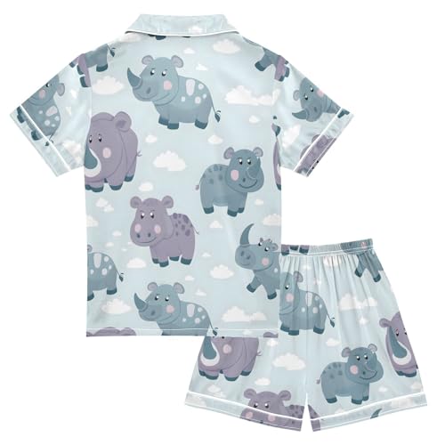ALAZA Cute Rhinocero Cloud Pajamas Satin Pajama Set Short Sleeve Button Down Sleepwear2