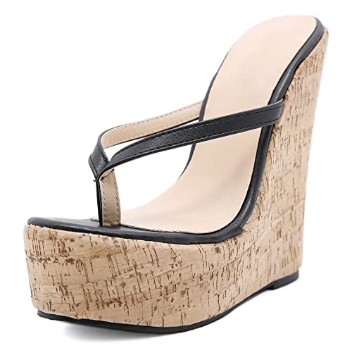 LizFoYa Women Thong Strap Summer Beach Casual Platform Wedge High Heels Girls Daily Dress T Strap Slide Sandal Shoes Black 8