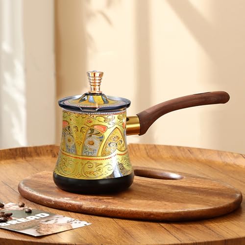 swsce Turkish Arabic Coffee Pot with Wooden Handle,Stove Top Water Boiler, Coffee Maker, Butter, Chocolate & Milk Warmer,Even and Quick Heat with Handcrafted Metal Material (Black and Gold) - Thumbnail 5