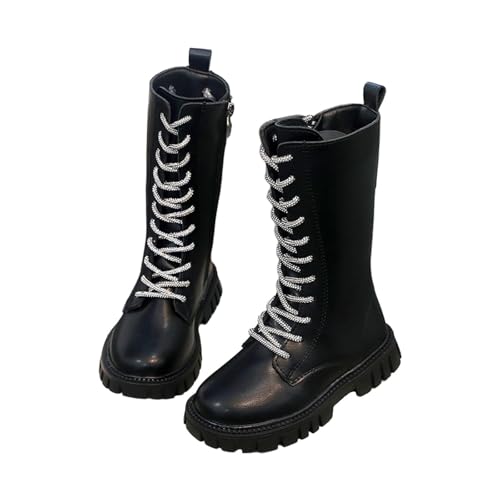 Girls Glitter Lace Up Boots Sparkly Mid Calf Combat Horse Riding Kids Shoes Side Zip Up Lug Sole Fall Waterproof Boot