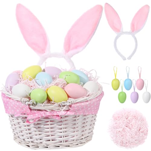 Image of SiliFine Easter Bunny Gift Basket Set Include Wicker Basket with Liner Gingham, Easter Bunny Headband, Easter Eggs, Raffia Paper Grass, Easter Gift for Party Favor Decoration(Pink)