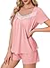 Rooscier Women's Pajama Set Lace Trim Short PJ Set V Neck Short Sleeve Sleepwear Nightwear Pink Medium