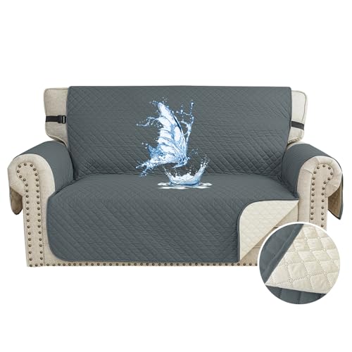 CYCMACO Funda Sofa Impermeable 2 Plazas, Cubre Sofas Antiarañazos Gatos, Couch Cover Antideslizante Antimanchas, Universal, con Reposabrazos, Lavable, Gris Oscuro