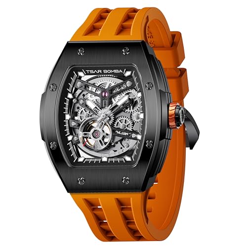 Image of TSAR BOMBA Mens Luxury Watch Automatic Watches for Men 50M Waterproof Japanese Mechanical Movement Tonneau Stainless Steel Case Sapphire Glass Big Face Cool Unique Fashion Gift Men