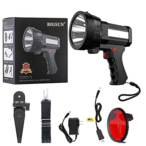 Bigsun Rechargeable Spotlight, Flashlight High Lumens 100000 Led With Redlens, 10000Mah Power Bank, Side Floodlamp & Warninglamp For Home Security, Camping, Boat, Hunting,Q953-17Oz #TOP5