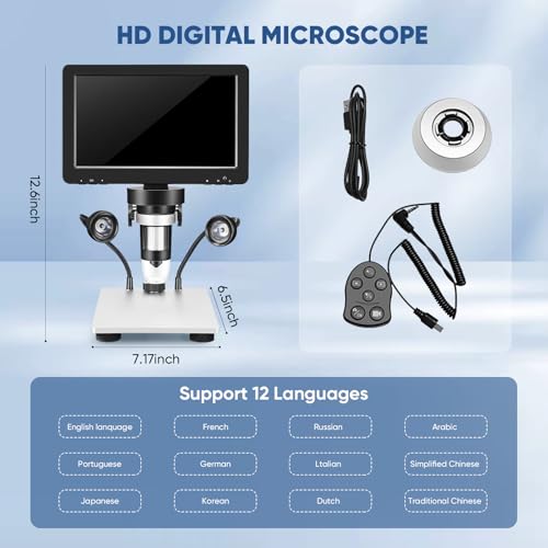 Professionelles Mikroskop 7 Zoll 1200 x 12 MP Digitales Mikroskop mit drehbarem HD-Display/8 LED-Leuchten/12 Sprachen/10 cm Arbeitsabstand: Elektronisches zum Schweißen