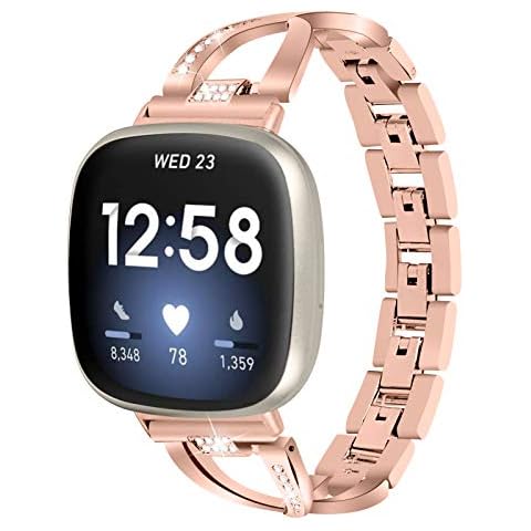 Gimartuk Compatible for Fitbit Versa 3 Metal Strap, Women Girls Slim Bling Stainless Steel Versa 3 Wristband Replacement Watch Strap Band Bracelet for Fitbit Sense Smartwatch (Rose Gold) Cover