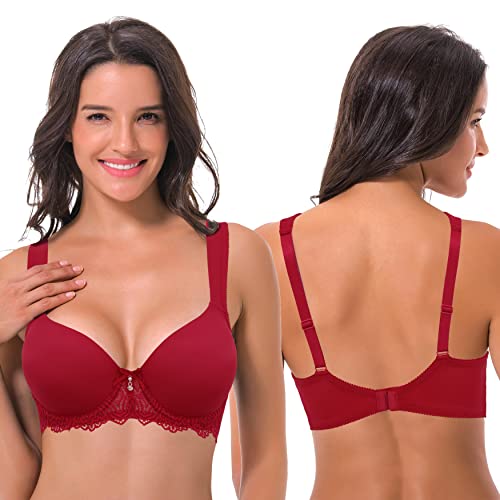 Curve Muse Women's Lightly Padded Underwire Lace Bra With Padded Shoulder Straps-2Pk-Black,Wine-36B #TOP3