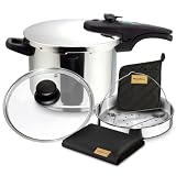 Magefesa Athenas - Pack Exclusivo Olla Express Rápida de 6L + Cestillo + Tapa de Cristal + Paño + Tomaollas, Acero Inoxidable 18/10, Para Inducción, Fondo Termo-Difusor