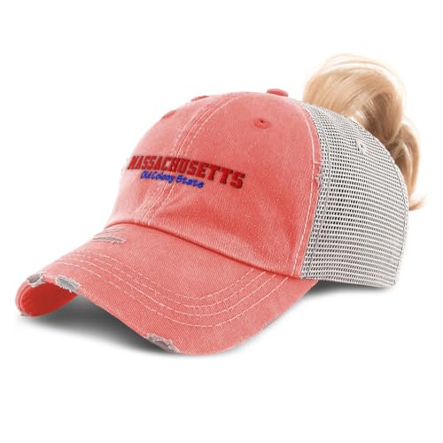 Womens Ponytail Cap Massachusetts Old Colony State Cotton Distressed Trucker Hats Coral