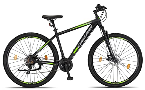 Foto von Chillaxx Bike Legend Aluminium 24, 26, 27,5 und 29 Zoll Shimano Mountainbike MTB Fahrrad für Jungen Mädchen Herren und Damen 21 Gang Schaltung Herrenrad Damenrad (29 Zoll, Schwarz-Lime Disc-Bremse)