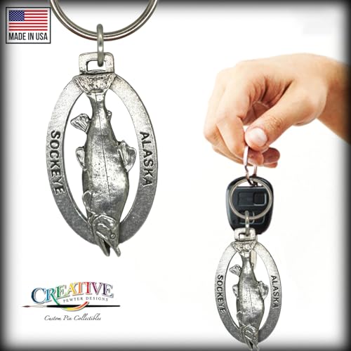 Alaska Sockeye Salmon Keychain, A604KC, 2”, Pewter, Metal, Souvenir, 100% Handmade in The USA, Alaskan Fishing Keychain, Key Chain, Key Ring, Key Fob, Gift, 20+ Alaskan Designs Available3