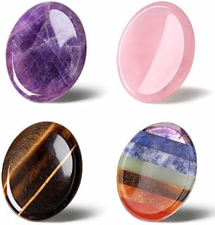YATOJUZI 4PCS Thumb Worry Stone Sets Oval 7 Chakra Amethyst Rose Quartz Tiger’s Eye Hand Carved Natural Crystals Stones Palm Pocket Reiki Energy Gemstones for Meditation Anxiety Stress Relief Therapy