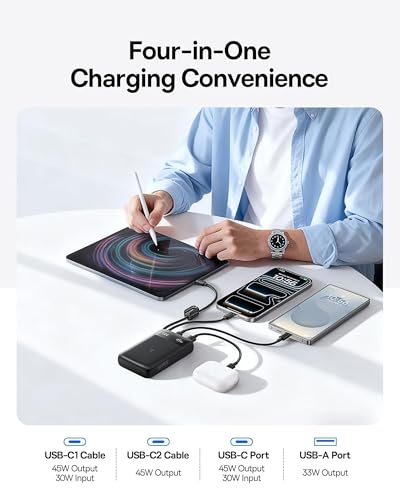 Image of Baseus 20000mAh Compact Portable Charger 45W, CCC Certified Power Bank Built-in USB-C Cables, Travel Essential PD Fast Charging Battery Pack for iPhone 17 /16 Series Galaxy S25 /S24 Ultra Google iPad