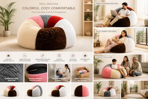 Image of Mollismoons Faux Fur Bean Bag Chair Cover for Adults & Kids | Luxury Lounger & Round Floor Sofa Seating | Modern Cozy Feel | No Beans Included (Colorfull, Teardrop)