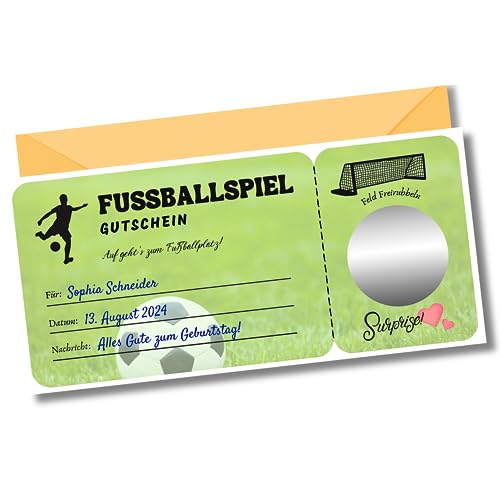 Gutschein Fussball | Gutscheinkarte, Fussballspiel, Fussball ticket | Rubbelaufkleber zum selbstbeschriften | Fussball Geschenke, Sportliche Geschenkidee | Personalisierte Überraschungskarte