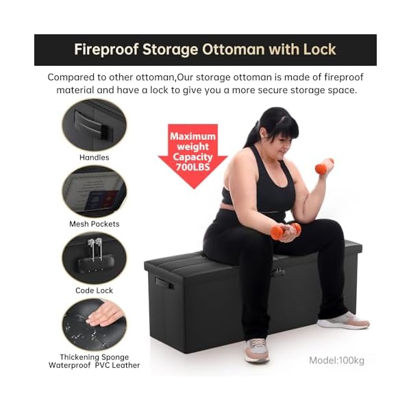 Engpow storage ottomanfireproof folding storage bench with lock15x 43x15waterproof leather storage bench chest with handles2 extra storage boxesstorage safe for living roombedroomblack  urban country home decor