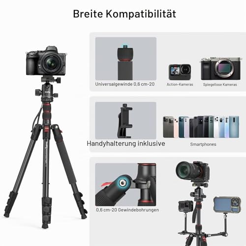 SMALLRIG 71\ Kamera-Stativ, Faltbares Aluminium-Stativ Einbeinstativ, 360°Kugelkopf Abnehmbar und Schnellwechselplatte, mit Smartphone Klemme, Nutzlast 15kg 33lb, 71in/180cm - 3935