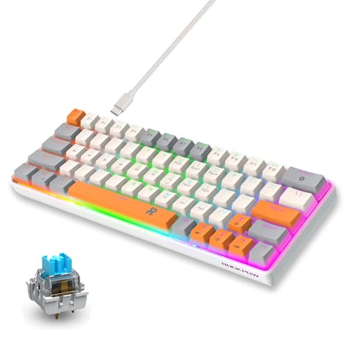 ROCK POW 60% Mechanical Gaming Keyboard 60 Percent,LED Backlit Compact 63 Keys Mini Wired Keyboard for PC,Windows XP,Win 7/10,Vista,Me,Typist,Travel,(Grey-White-Orange, Blue Switches)