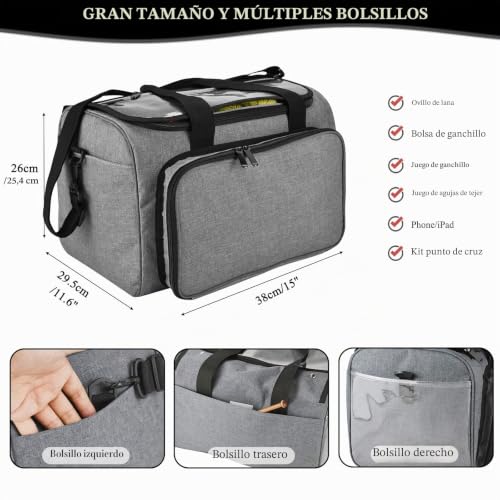 Miniatura 3 de Coopay Bolsa De Hilo, Bolsa De Manualidades Para Kit De Ganchillo Y Almacenamiento De Kit De Punto De Cruz, Organizador De Hilo Para Principiantes Y Profesionales, Tela Oxford, Gris