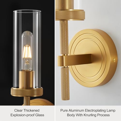 Image of Gold Wall Sconces,Sconces Wall Lighting 15.5 inch Knurled Aluminum Bathroom Vanity Wall Light Fixture with Clear Glass,Modern Brushed Brass Bathroom Sconces Wall Lights for Living Room,Bedroom,Corridor
