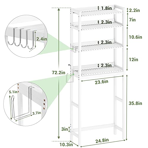 Viagdo Over The Toilet Storage Shelf, Bamboo 4-Tier Bathroom Space Saver Organizer Rack With Toilet Paper Holder, Freestanding Above Toilet Stand With 4 Hooks For Bathroom, Laundry, White #TOP2