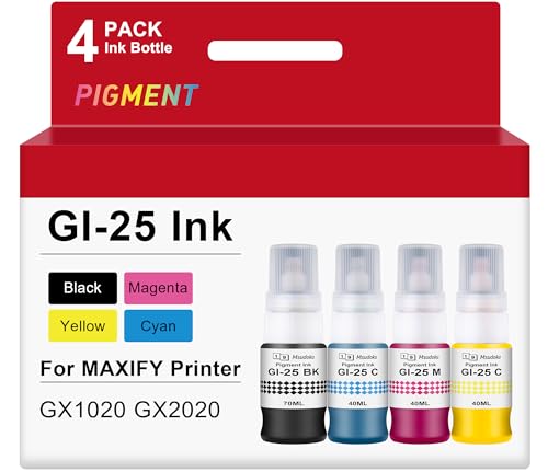 Msudoku Pigment GI-25 GI25 Ink Refill Bottles Compatible for Canon 25 GI-25 Ink Bottles GI-25BK Work for Canon MAXIFY GX1020 GX2020 MegaTank Printer 190ml (4 Pack,Black/Cyan/Magenta/Yellow)