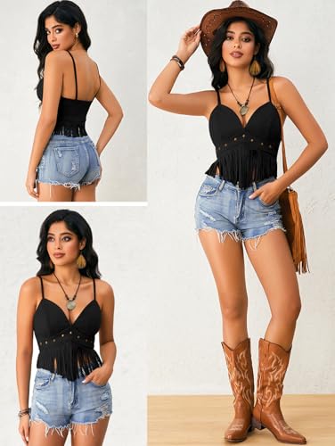 OYOANGLE Women's Y2K Fringe Sleeveless Spaghetti Strap Faux Suede Vintage Hippie Crop Top Blouse2