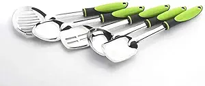 MOBDESK Stainless Steel Handy Cook-Serve Set, Cooking Utensil Set Serving Spoons with Plastics Handle,with Stand Set of 5(RED) (Green NILI)