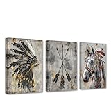 PBXBJY Native American Wall Art Indian Canvas Prints 3 Pieces Indian Chief Feather Headdress Arrow Horse Pictures Vintage Tribal Theme Painting Poster Decor Frame (12x16inchx3Pcs)