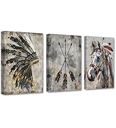 PBXBJY Native American Wall Art Indian Canvas Prints 3 Pieces Indian Chief Feather Headdress Arro...