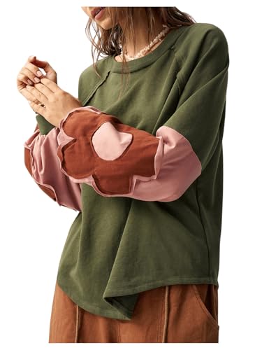BEAUDRM Women's Oversized Sweatshirt Boho Tops Patchwork Crewneck Sweatshirt Floral Long Sleeve Pullover Tops Green Medium