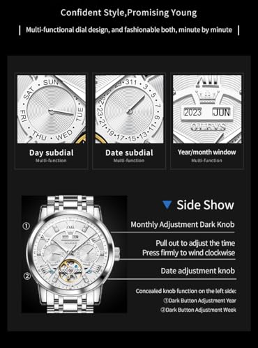 Image of OLEVS Mens Automatic Mechanical Watch Skeleton Tourbillon Luxury Dress Stainless Steel Wrist Watch