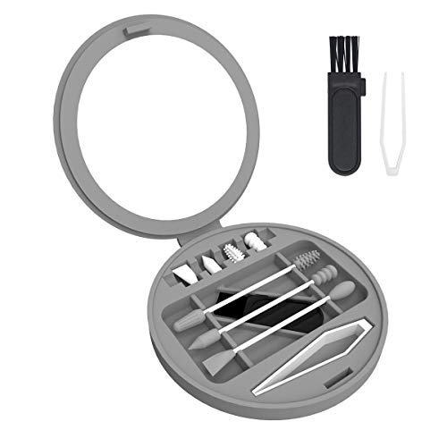 Reusable Cotton Swabs with Mirror, Washable Portable Silicone Swab Double Tipped Silicone Cotton Swabs for Cosmetic Makeup with Brush, Dust-proof Case and Replace Cotton Swab Head Gray