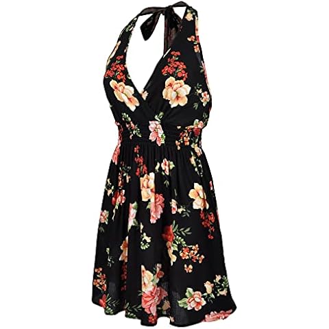 DAY VILLAGE Women's Floral Print Self-Tie Halter Neck Smocked Waist Mini Dress Black Small Cover