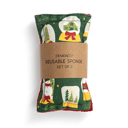 Image of DEMDACO Snow Place Like Home Green and Yellow 5 x 3 Inch Cotton Christmas Kitchen Sponge Set of 2