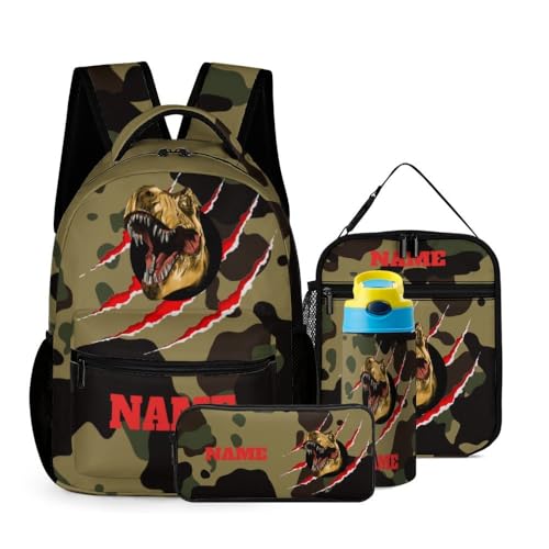 Custom Camouflage Dinosaur T-rex Backpack Set 4 in 1 Personalized Add Your Name School Bag with Lunch Bag Pencil Case Water Bottle Customized Backpack for Kids Girls Boys