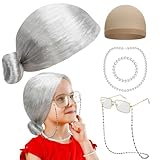 Huskein Old Lady Costume, Old Lady Cosplay Silver Bun Wig Glasses Wig Cap Pearl Necklace Bracelet Accessories for Girls