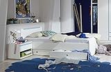 Details: Bett: 2 Unterbett Schubkästen, Nachtschrank: 1 Schublade, 1 offenes Fach
