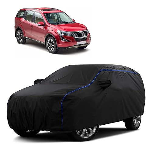 Image of Sulfar 100% Water Resistant Car Body Cover Compatible with Mirror for Mahindra XUV 500 (Triple Stitched, Full Bottom Elastic, Black Tafetta with Blue Piping)