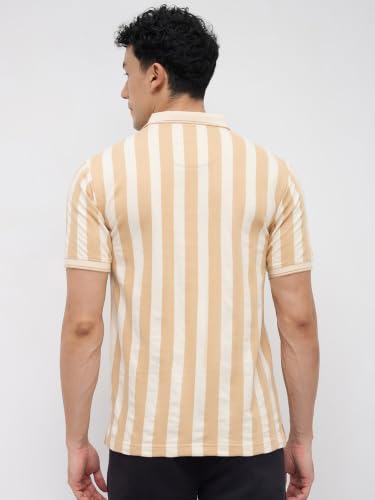 Image of Raymond Men Modern Fit Stripe Pattern Pure Cotton Polo Neck Half Sleeve Casual T-Shirt