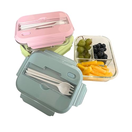 THY COLLECTIBLES Set of 3 36 OZ Glass Lunch Storage Containers with Lids and Utensils, Microwave Safe, Leak Proof, Freezer to Oven Safe for Meal Prep, Leftovers, Cooking, Bento Box (3 Compartments)