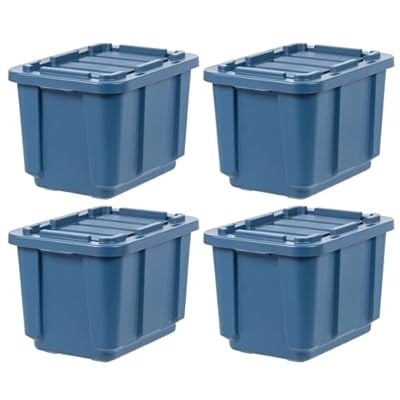 IRIS USA 12 Gallon Eco-Friendly Heavy Duty Truck Bed Toolbox Storage Tote Bins with Lids, 4 Pack - Made in USA, Tough Snap On Lid Stackable Industrial Rugged Tubs, Garage Organization Reusable - Navy