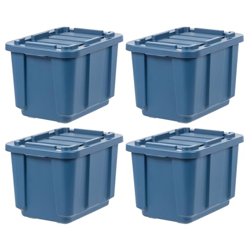 IRIS USA 4-Pack 12 Gallon Storage Bins with Lids |Made in USA| Heavy Duty Eco-Friendly Plastic Tote Containers for Truckbed Tool Box Organization, Large - Navy
