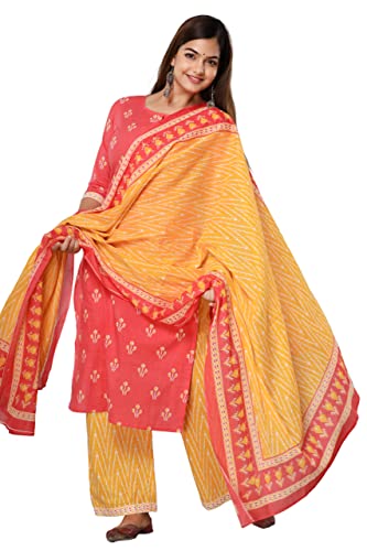 rytras Women’s Cotton Printed Straight Kurti with Palazzos pant and Dupatta Set(RYT306_Pink_Medium)