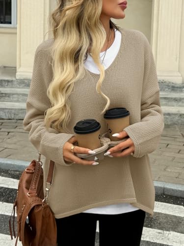 Saodimallsu Womens Oversized V Neck Sweaters Batwing Long Sleeve Knit Fall Slouchy Pullover Sweater Tops4