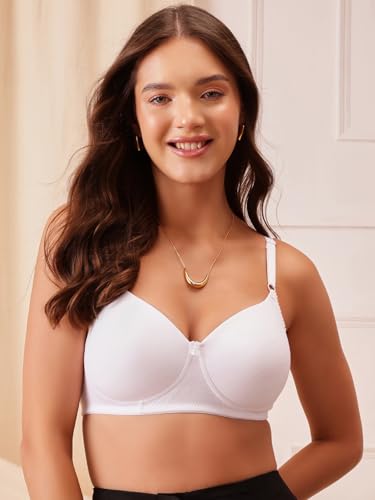 Image of Clovia Women's Cotton Rich Solid Padded Full Cup Wire Free T-Shirt Bra - White