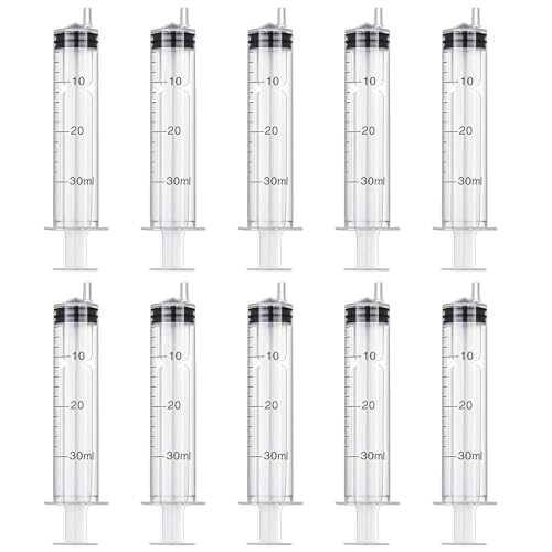 10 Piezas Jeringuilla 30ml, Jeringas Estériles con Tapa, Jeringa de Líquido, Jeringa de Plástico Reutilizable para Laboratorio, Medición, Jardín, Aceite Coche, Alimentación de Mascotas